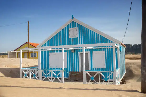 Traditional Beach huts on the Coast of Caparica, Almada, Portugal