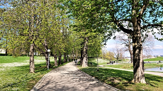 Vienna, Austria - Circa April 2019: Gloriette pavilion and Neptune fountain in Schonbrunn park