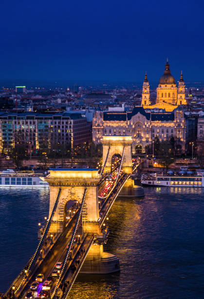 Night view at Széchenyi Chain Bridge, Budapest Beautiful night view and traffic flow at the famous Széchenyi Chain Bridge. blue danube stock pictures, royalty-free photos & images