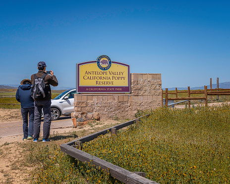 April 14, 2023, Lancaster, CA, USA: The entrance to the Antelope Valley California Poppy Reserve in Lancaster, CA.