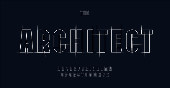 Architect alphabet, blueprint geometric letters, construction plan font for engineering logo, drafting project headline, building floor plan typography, CAD typo graphic. Vector typographic design.