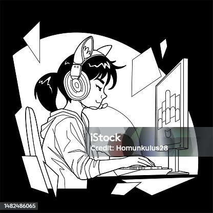 istock Asian girl gamer or streamer with a headset sits in front of a computer 1482486065