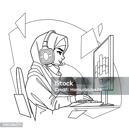 istock Girl gamer or streamer with a headset sits in front of a computer 1482486074