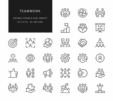 30 Teamwork Outline Icons. Editable Stroke. Pixel Perfect.