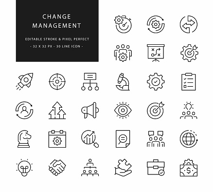 30 Change Management Outline Icons. Editable Stroke. Pixel Perfect.