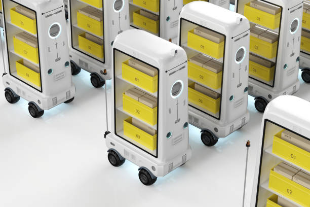 istock Group of warehouse robotsor robotic assistants deliver boxes 1482486962