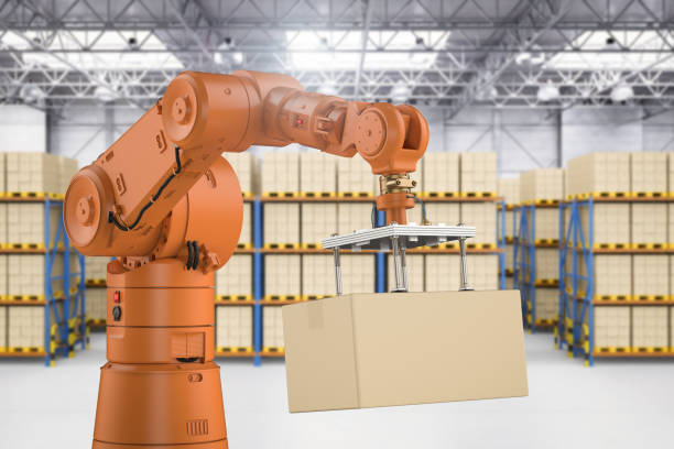 istock Automation factory or cargo with 3d rendering robotic arm carry cardboard box 1482486963