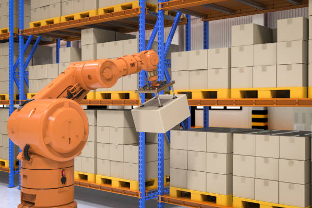 istock Automation factory or cargo with 3d rendering robotic arm carry cardboard box 1482486967