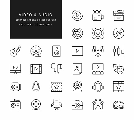 30 Video And Audio Outline Icons. Editable Stroke. Pixel Perfect.