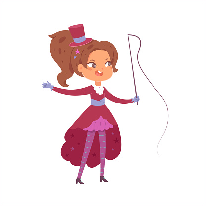 Circus tamer vector illustration. Cartoon isolated brave girl trainer in vintage tuxedo and top hat holding whip, waving bullwhip to train lion or tiger and performing carnival show on circus arena.
