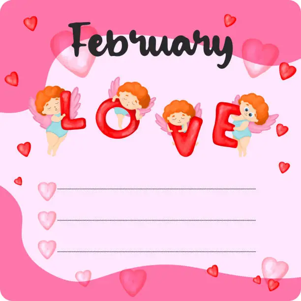 Vector illustration of February monthly planner, weekly planner, habit tracker template and example. Template for agenda, schedule, planners, checklists, bullet journal, notebook and other stationery. Valentines Day theme