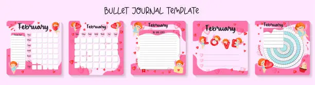 Vector illustration of February monthly planner, weekly planner, habit tracker template and example. Template for agenda, schedule, planners, checklists, bullet journal, notebook and other stationery. Valentines Day theme