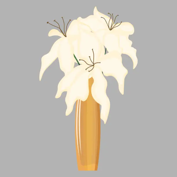 Vector illustration of Vase with a bouquet of lilies.White lilies. Flower arrangement in a vase. White fragrant flowers