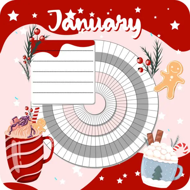 Vector illustration of January monthly planner, weekly planner, habit tracker template and example. Template for agenda, schedule, planners, checklists, bullet journal, notebook and other stationery. Christmas cocoa theme