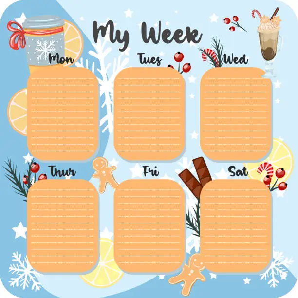 Vector illustration of January monthly planner, weekly planner, habit tracker template and example. Template for agenda, schedule, planners, checklists, bullet journal, notebook and other stationery. Christmas cocoa theme