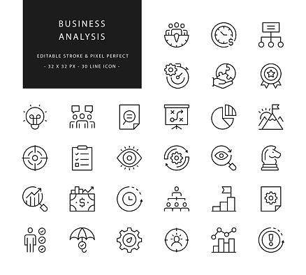 30 Business Analysis Outline Icons. Editable Stroke. Pixel Perfect.