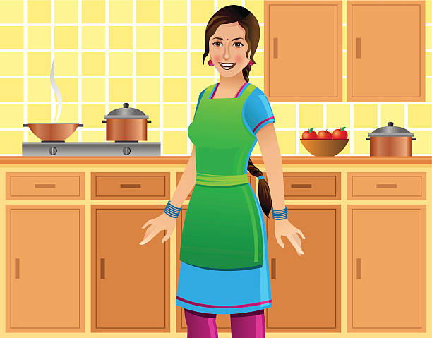 schöne indische frau in einem haus küche - küche modern stock-grafiken, -clipart, -cartoons und -symbole