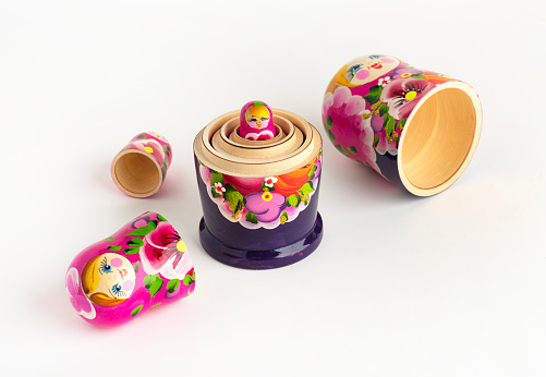 Russian Matryoshka Dolls in different sizes. Traditional Matryoshka set in a row. Set of wooden toys on white background.