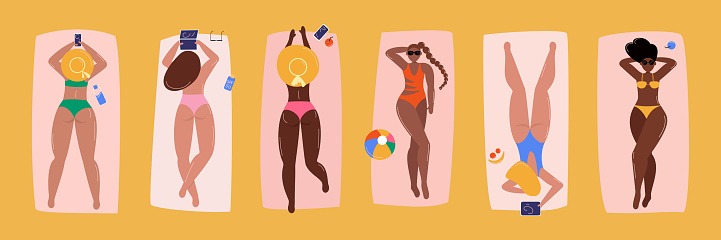 Diverse women sunbathing at beach. Young female characters, girls in bikini lying on towels and blankets, relax. Summer vacation at seashore. Top view. Vector illustration
