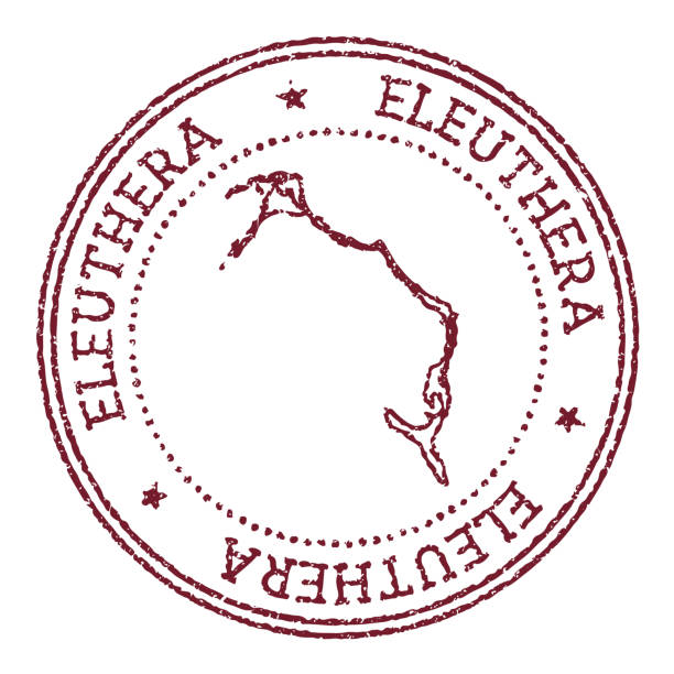 illustrations, cliparts, dessins animés et icônes de eleuthera tampon en caoutchouc rond avec carte de l’île. tampon de passeport rouge vintage avec texte circulaire et étoiles, illustration vectorielle. - eleuthera island