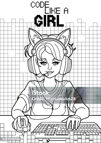 istock Girl gamer or streamer with cat ears headset sits in front of a computer 1482496546