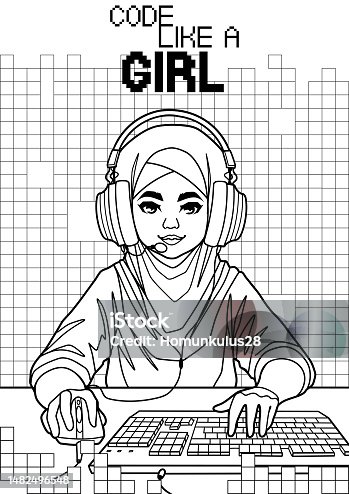 istock Muslim girl gamer or streamer with cat ears headset sits in front of a computer 1482496548