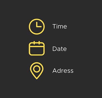 Time, date, location adress icon set. Clock, calendar, location illustration symbols. Sign business vector design