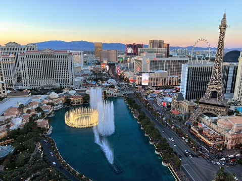 Las Vegas, Nevada/ USA - March 14, 2022: Aerial view of the MGM Grand hotel on The Las Vegas Strip.\n\nLas Vegas is the largest city in the US state of Nevada and a world-renowned center for gambling, shopping, fine dining and entertainment. It is mainly famous for its many casinos and the accompanying entertainment-tourism activities, which earned it the nickname of the Entertainment Capital of the World.