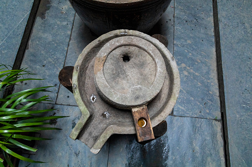 Stone tables and benches in the park