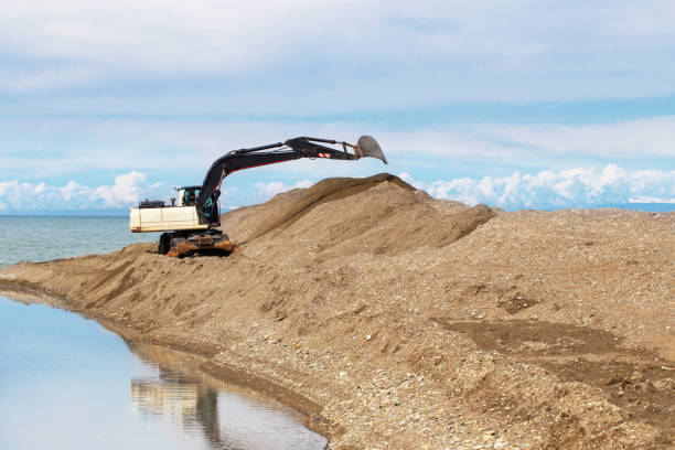 excavator works on the seashore