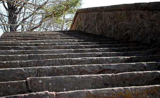 Looking up stone steps to Petit Pont, Paris