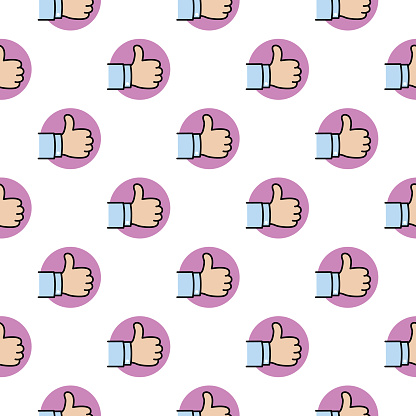 Vector seamless pattern of cartoon thumbs up hands on a square white background.