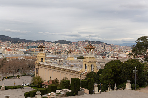 Elevated view from Montjuic looking down over the buildings and urban landscape of Barcelona