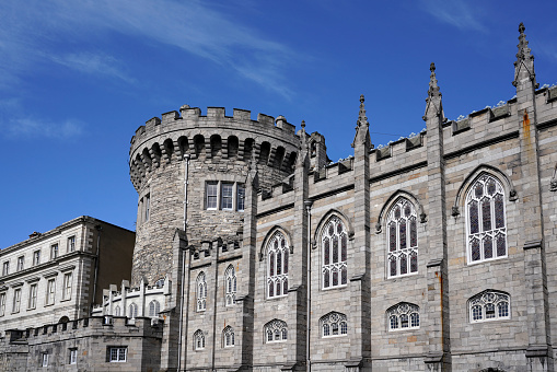 Dublin, Ireland - March 2023: Exterior of Dublin Castle, with its chapel on the right hand side