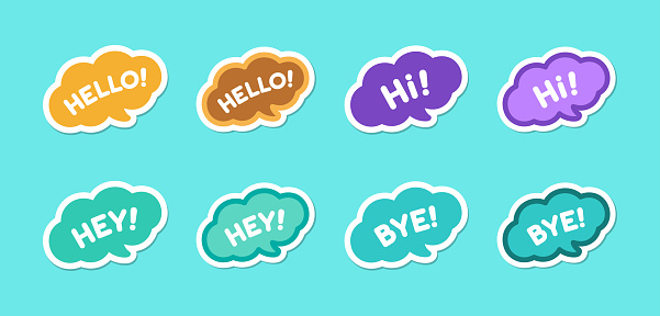 Cute Hello, hi, hey and bye greeting speech bubble icons sticker set. Simple flat vector illustration.