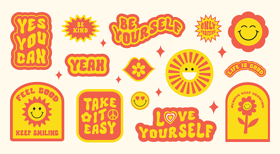 Trendy colorful set stickers with smiling face and text. Collection of cartoon shapes, positive slogans in style 70, 80s. Yellow and red colors. Vector illustration