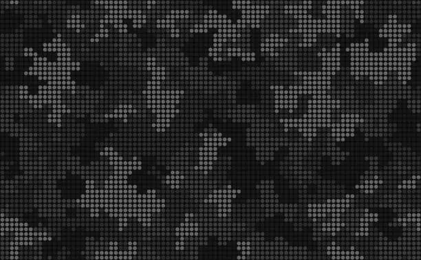 Vector illustration of Fashionable digital dark camouflage pattern. Stylish military print for fabric, seamless monochrome background. Urban camo halftone dots black texture. Vector textile graphics