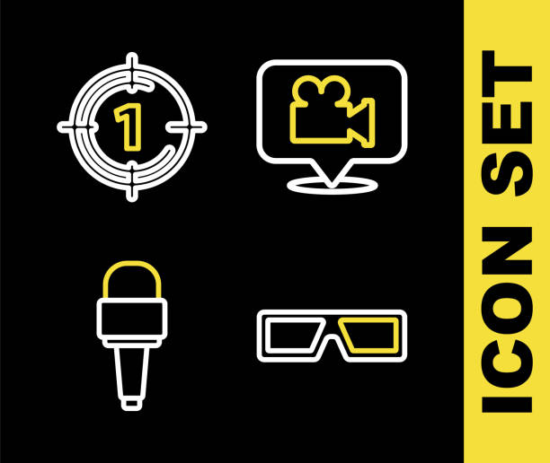 istock Set line Camera and location, 3D cinema glasses, Microphone and Old film movie countdown frame icon. Vector 1482524664
