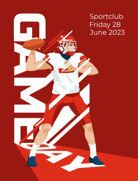 Vector illustration of red poster of an American football player. Printed advertising of sports games. Abstract design concept. Vector flat illustration