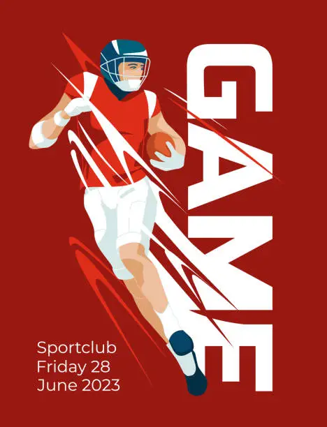 Vector illustration of red poster of an American football player. Printed advertising of sports games. Abstract design concept. Vector