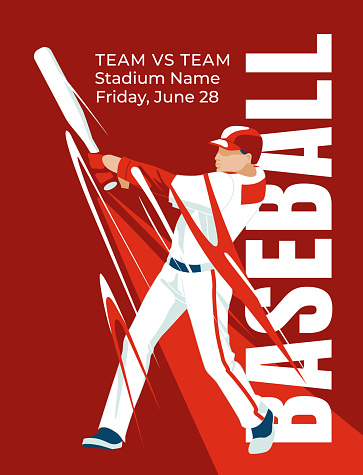 Red baseball player poster. Abstract design. Advertisement of a professional sports game. Vector flat illustration