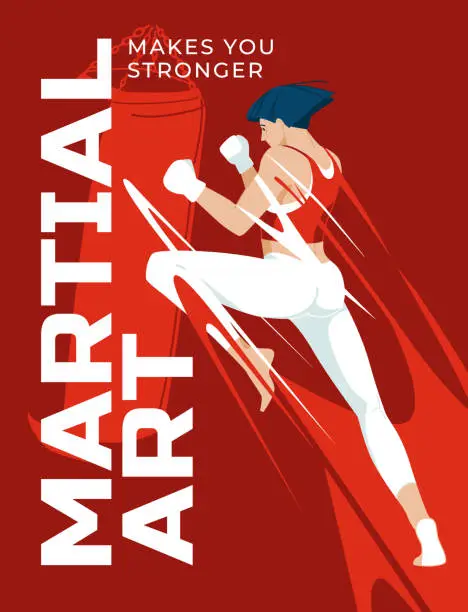 Vector illustration of A young woman practices martial arts. Red poster. Abstract design. Sports and health promotion. Vector flat illustration.