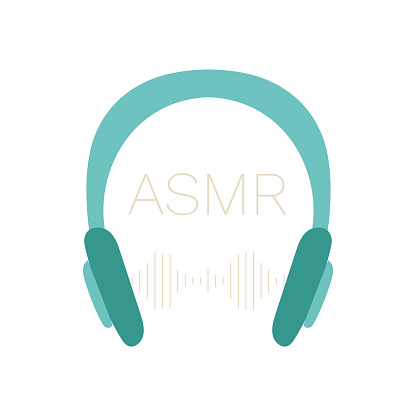 Headphones, sound wave and ASMR text. Wireless earbuds. ASMR effect. An isolated object on a white background. Vector illustration.