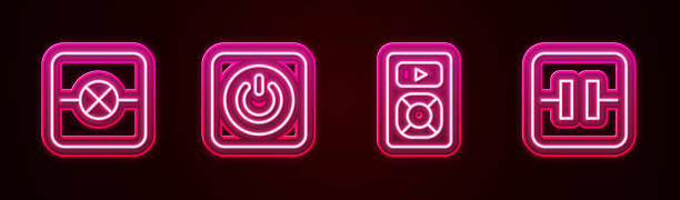 istock Set line Lamp in electronic circuit, Power button, Music player and Electrolytic capacitor. Glowing neon icon. Vector 1482526615