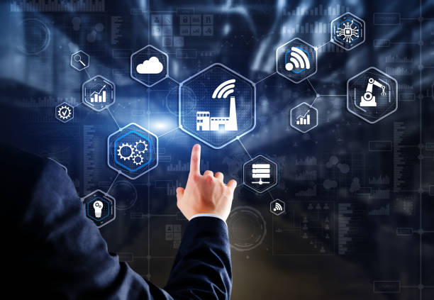 istock Businessman presses Smart Industry on virtual screen 1482526629
