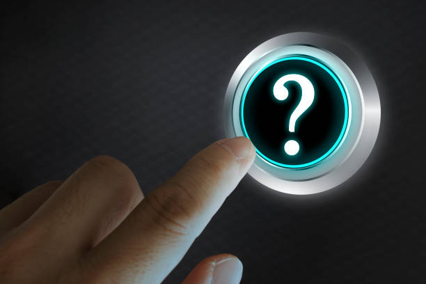 istock Male hand clicks on abstract virtual question mark sketch on blurred office background, FAQ and research concept. Double exposure 1482527888