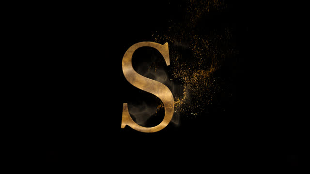 Golden letter S with particles, alphabet, abc, alpha channel