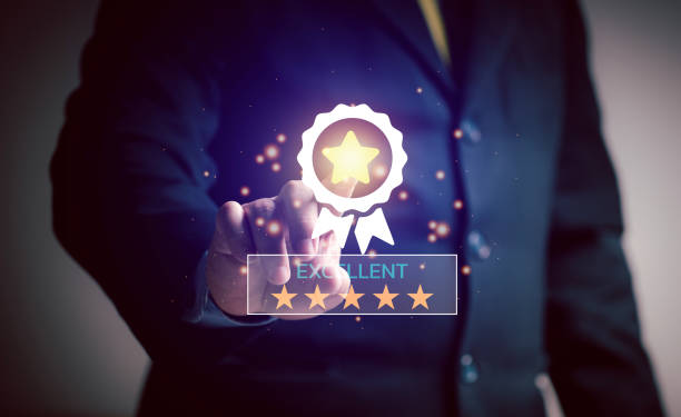 istock Businessman touching touch screen rated star excellent service satisfaction. concept of satisfaction. Opinion surveys, questionnaires, customers, business owners. 1482531806