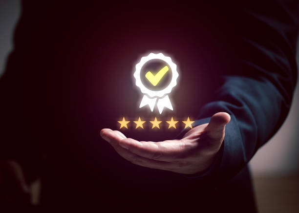 istock Businessman touching touch screen rated star excellent service satisfaction. concept of satisfaction. Opinion surveys, questionnaires, customers, business owners. 1482531891