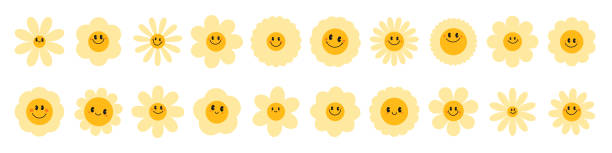 gänseblümchen blumen. retro-kamille lächelt im cartoon-stil. happy sticker set aus den 70er jahren. vektorgrafik - daisy sunflower stock-grafiken, -clipart, -cartoons und -symbole